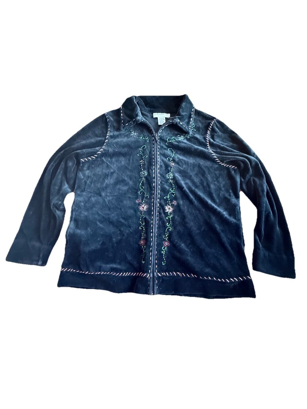 Susan Graver Style Black Velour Small Zip Up Beaded Embroidered Jacket